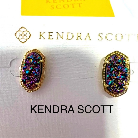 NWT Kendra Scott RARE & Retired Ellie Earrings Multi Colored Drusy Yellow Gold! - Picture 4 of 17